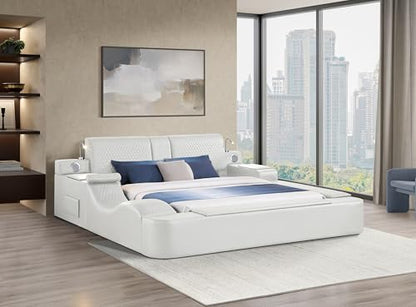 King Size Smart Bed, Multifunctional Leather Bed Frame with Massage Recliner/Adjustable Headboard/Music Speaker/USB Port/Storage Space, Modern Luxury Bed Frame(Beige)