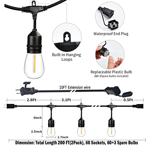 200FT String Lights for Outside LED Patio Lights Outdoor Waterproof with 63 Shatteproof Edison Lights Outdoor String Lights 2200K for Patio Gazebo Pergola Café