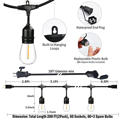200FT String Lights for Outside LED Patio Lights Outdoor Waterproof with 63 Shatteproof Edison Lights Outdoor String Lights 2200K for Patio Gazebo Pergola Café
