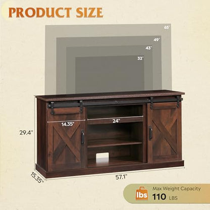 Farmhouse TV Stand for 65 Inch TV, Sliding Barn Doors, Brown