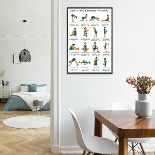 Stretching & Mobility Workout Poster, 16 Illustrated Full-Body Flexibility Chart with Hold Timing Guides, Bodyweight Daily Stretch Reference for Post-Workout Recovery & Joint Mobility Improvement(12x18inchs，Black Framed)