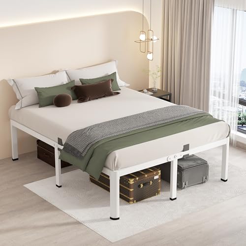 18 Inch Queen Bed Frames White with Round Corner Legs Mattress Stopper