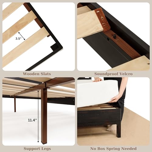 Ethan King Size Bed Frame with Diamond Headboard, Rustic Mid-Century Modern, Solid Acacia Wood, No Box Spring Needed, Slat Support, Rustic Black