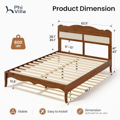 Solid Wood Queen Bed Frame with Adjustable Headboard
