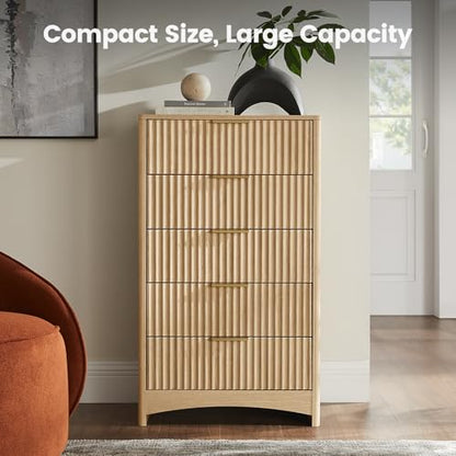 Amada Tall 5 Drawer Dresser, Modern Fluted Vertical Chest with Rounded Corners, Pre-Installed Drawer Slides & Narrow Storage Design for Bedroom or Hallway in Natural Oak