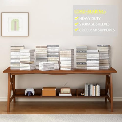 NELYE Extra Long Desk with Bookshelf - Wooden Home Office Work Study Table, Writing Computer Workstation with Storage Shelf in Wanut, 47" Wx16 Dx30 H