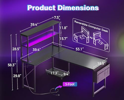 L Shaped Desk Gaming Desk with LED Light & Power Outlet