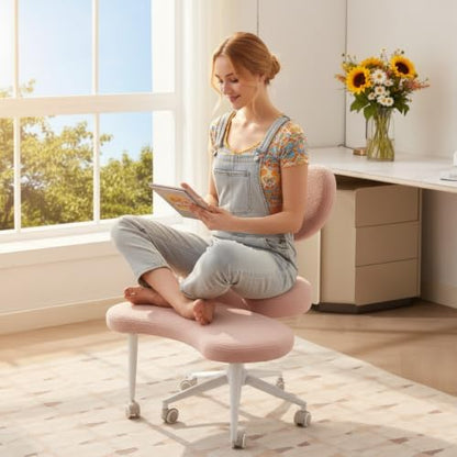 Ergonomic ADHD Criss Cross Legged Office Desk Chair - Meditation Kneeling Yoga Chair Adjustable Height with Wheels Lumbar Support, 360° Swivel Wider Footrest for Home Work, Pink