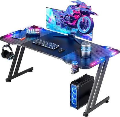 55 Inch Gaming Desk Z Shaped Carbon Fiber Computer Desk with LED | Ergonomic Gamer Desk for Home Office, Large PC Table with Cup Holder Headphone Hook and Spacious Desktop for Gaming Setup