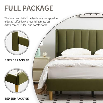 Queen Bed Frame，Platform Bed with Upholstered Headboard，GrassGreen