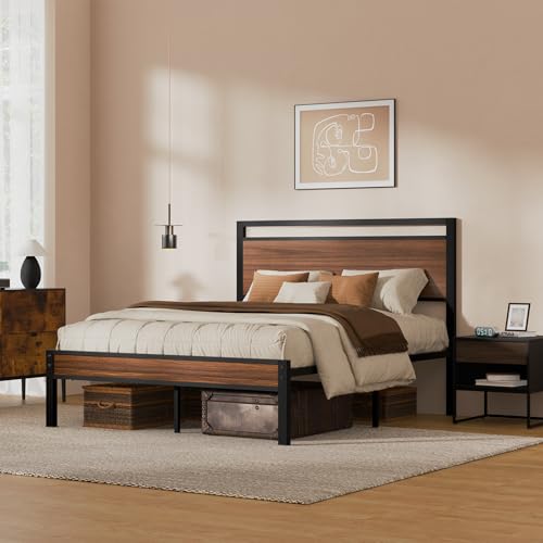 Queen Metal Bed Frame&Wooden Headboard&Footboard,No Box Spring,Walnut