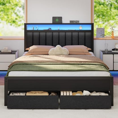 Queen Bed Frame with Storage Drawers and Upholstered Headboard