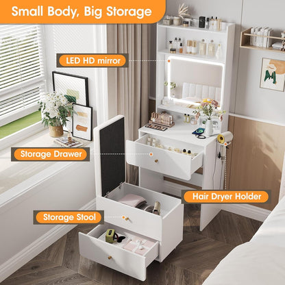 Make up Vanity Desk with Mirror and Lights, White Vanity Table Set with Charger Station,Girls Small Vanity and Storage Chair