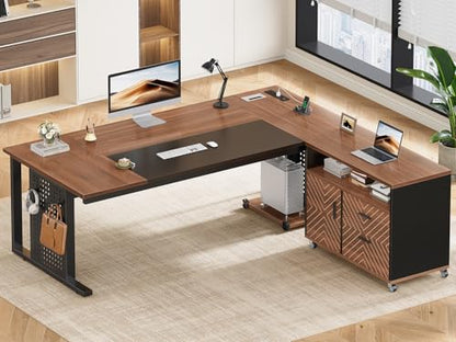 71" Executive Desk with Rolling File Cabinet, Large Office Desk with Drawers, L Shaped Computer Desk with Power Outlets, CPU Stand, Pegboard and Storage Shelves, Brown