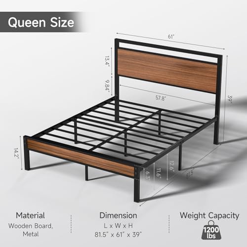 Queen Metal Bed Frame&Wooden Headboard&Footboard,No Box Spring,Walnut