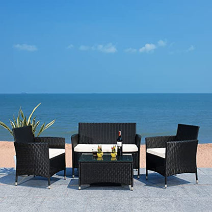 SAFAVIEH PAT7506A Collection Bandele Black and Beige 4-Piece Outdoor Living Patio Set