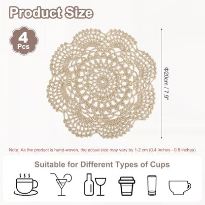 uxcell 4 Pcs Crochet Handmade Placemat Doilies for Table 7.9" Light Brown