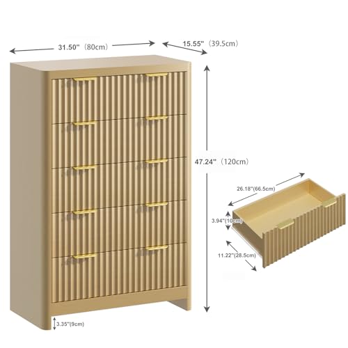 Natural Oak Dresser with 5 Deep Drawers, 47" Tall Fluted Chest of Drawers, Round Edge, Modern Vertical Dresser, Wooden Storage Organizer Cabinet for Bedroom, Living Room, Entryway, Hallway