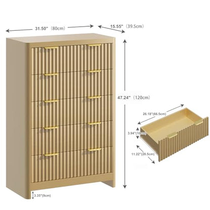 Natural Oak Dresser with 5 Deep Drawers, 47" Tall Fluted Chest of Drawers, Round Edge, Modern Vertical Dresser, Wooden Storage Organizer Cabinet for Bedroom, Living Room, Entryway, Hallway