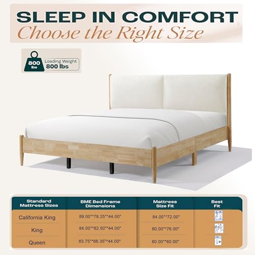 Raven Modern California King Size Bed Frame with Upholstered Headboard, Natural Wood California King Size Platform Bed Frame, No Box Spring Needed, Easy Assembly, White+Natural
