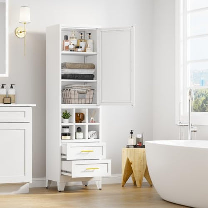 Tall Storage Cabinet with Door, Drawers & Wine Rack, Freestanding White Pantry Cupboard with Golden Handles, Modern Display Cabinet for Kitchen Living Room (White)