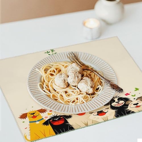 Cute Dogs Floral Washable Placemats Set of 4, Durable Heat Resistant Table Mats 17.7 X 11.8 Inch for Dining Table Kitchen Decor Indoor Use