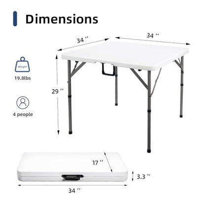 34" Square Folding Card Table, Fold-in-Half Utility Dining Portable Table Heavy Duty HDPE White Plastic Foldable with Carrying Handle Indoor Outdoor for Picnic, Camping, Party