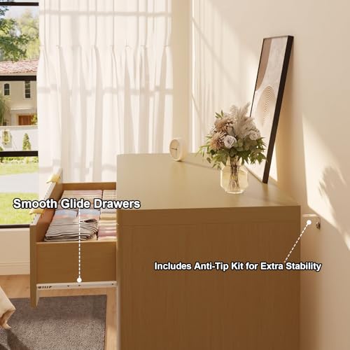 Natural Oak Dresser with 5 Deep Drawers, 47" Tall Fluted Chest of Drawers, Round Edge, Modern Vertical Dresser, Wooden Storage Organizer Cabinet for Bedroom, Living Room, Entryway, Hallway