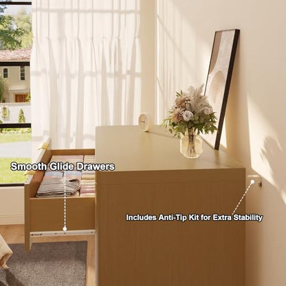 Natural Oak Dresser with 5 Deep Drawers, 47" Tall Fluted Chest of Drawers, Round Edge, Modern Vertical Dresser, Wooden Storage Organizer Cabinet for Bedroom, Living Room, Entryway, Hallway