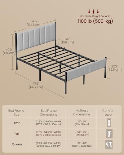 VASAGLE Full Bed Frame with Upholstered Headboard, Steel, Footboard