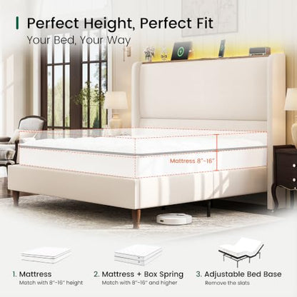 Queen Size Bed Frame with LED Lights and Charging Station Linen Upholstered Platform Bed Frame with 51.2" Tall Headboard Wingback and Storage Shelf, No Box Spring Needed, Noise Free, Beige