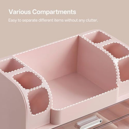 HBlife Desk Organizer with Pencil Pen Holder for Desk, Pen Organizer with 2 Drawers, Desk Organizers and Accessories with Compartments, Desktop Storage for Office, Home, School, Art Supplies, Pink