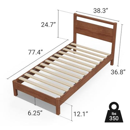 Signature Wood Platform Bed Frame with Headboard, Essential, Noise Free, Under Bed Storage, No Box Spring Needed, Easy Assembly (Cherry, Twin)