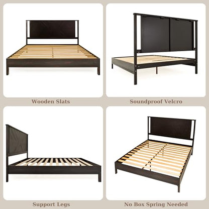 Ethan King Size Bed Frame with Diamond Headboard, Rustic Mid-Century Modern, Solid Acacia Wood, No Box Spring Needed, Slat Support, Rustic Black
