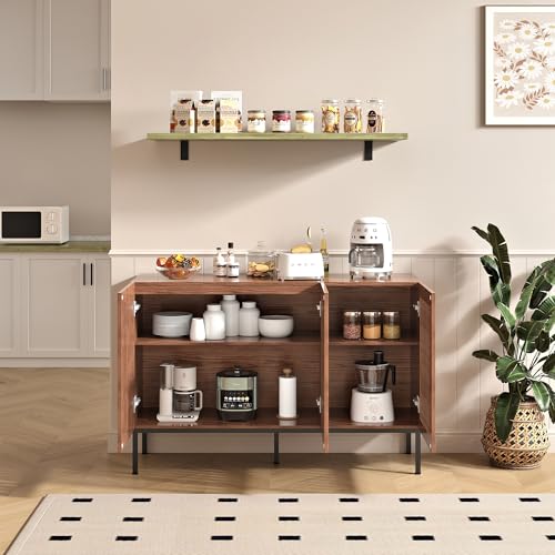 Modern Storage Cabinet with Slatted Doors,Sideboard Buffet Cabinet with Adjustable Shelf and Metal Legs for Kitchen,Dining Room,Living Room,47 Inch, Brown