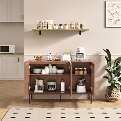 Modern Storage Cabinet with Slatted Doors,Sideboard Buffet Cabinet with Adjustable Shelf and Metal Legs for Kitchen,Dining Room,Living Room,47 Inch, Brown