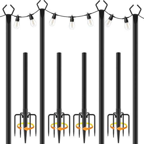 10Ft String Light Poles 4 Pack,Light Poles for Outside Lights,Outdoor with Fence Brackets Hanging Lights,Metal Stand Deck Patio Backyard