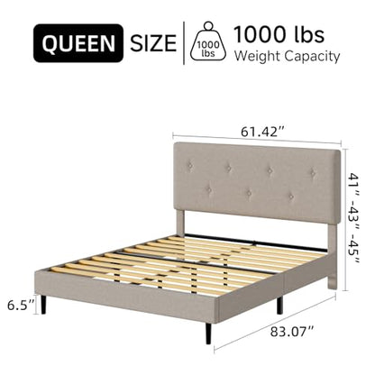 Queen Size Linen Bed Frame with Adjustable Headboard Beige