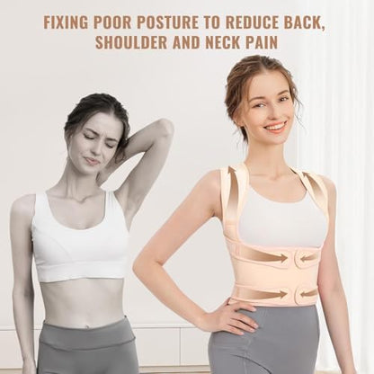 Back Brace Posture Corrector for Women and Men, Shoulder Straightener, Adjustable Full Back Support, Relief for Neck/Shoulder/Back Pain, Scoliosis & Hunchback Correction, Breathable Mesh Design (Beige, Medium/Large (Waist 33"-40"))