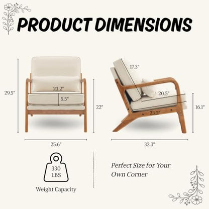 Mid-Century Accent Chairs, Set of 2, Beige Linen with Lumbar Pillow