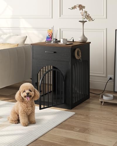 Dog Crate Furniture, Wooden Dog Kennel with Charging Station and Storage Drawer, Indoor Pet Crate End Table for Small Breeds,Dog Cage for Living Room, Bedroom, Black and Walnut MGW01UBL