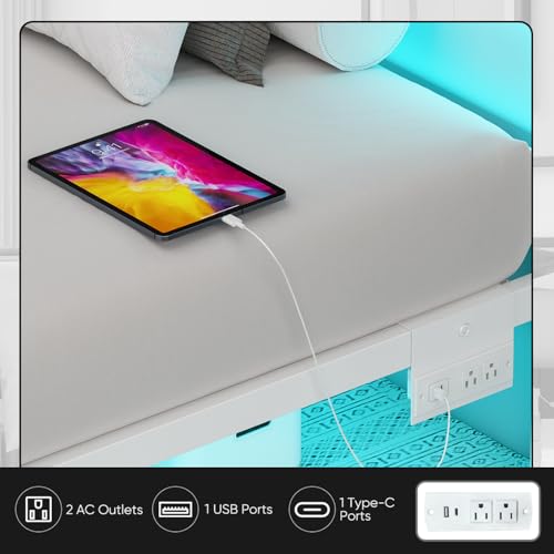 Twin Bed Frames with Headboard and Footboard,White Metal Platform Bed Frame with RGB LED Lights and USB Charging Station,Under Bed Storage,No Box Spring Needed,Suitable for Bedrooms
