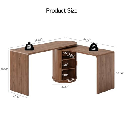 60 in L Shaped Desks,360° Rotating Swivel Corner Desk,Walnut