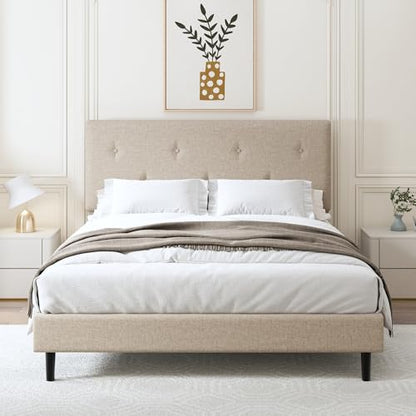 Queen Size Linen Bed Frame with Adjustable Headboard Beige