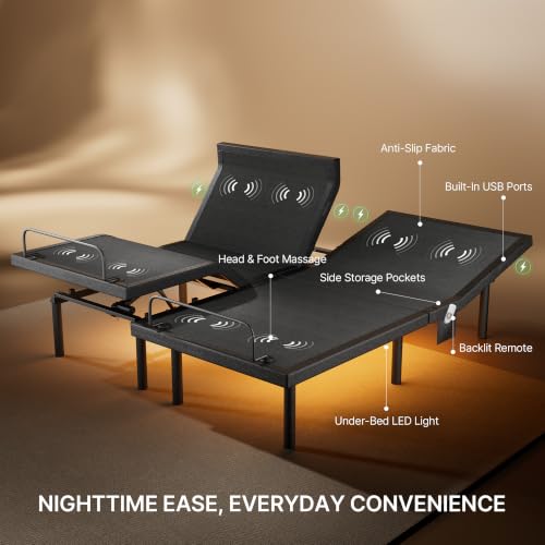 Adjustable Bed Frame Split King with 3 Motors, Adjustable Beds with Massage, Head & Foot Lift, Pillow Tilt, Zero Gravity & Anti-Snore, App & Wireless Remote Control, Easy Assembly