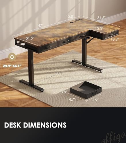 63 Inch L Shaped Electric Standing Desk with 4 Drawers, Rustic Brown