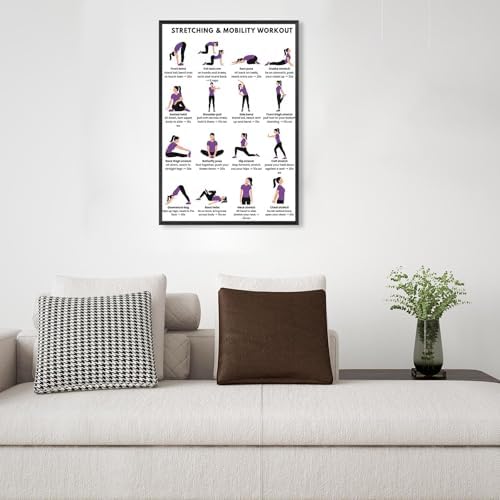 Stretching & Mobility Workout Poster, 16 Illustrated Full-Body Flexibility Chart with Timed Hold Guides, Bodyweight Daily Stretch Reference for Desk Soreness & Post-Workout Joint Recovery(12x18inchs，Black Framed)