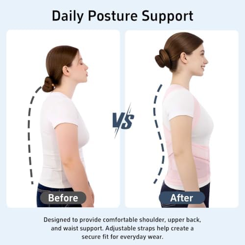Posture Corrector for Women and Men, Adjustable Back Brace with Shoulder Support and Lumbar Support Belt, Full Back Support Posture Trainer for Spine Alignment, Upper Back, Neck, Shoulder, Lower Back Support, Slouching and Hunchback (Pink, Small)