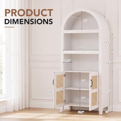 71" Arched Storage Cabinet, Modern Farmhouse Wooden Bookcase with Adjustable Shelves – Versatile Kitchen Pantry, Living Room Display, and Bedroom Storage (White)