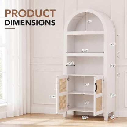 71" Arched Storage Cabinet, Modern Farmhouse Wooden Bookcase with Adjustable Shelves – Versatile Kitchen Pantry, Living Room Display, and Bedroom Storage (White)